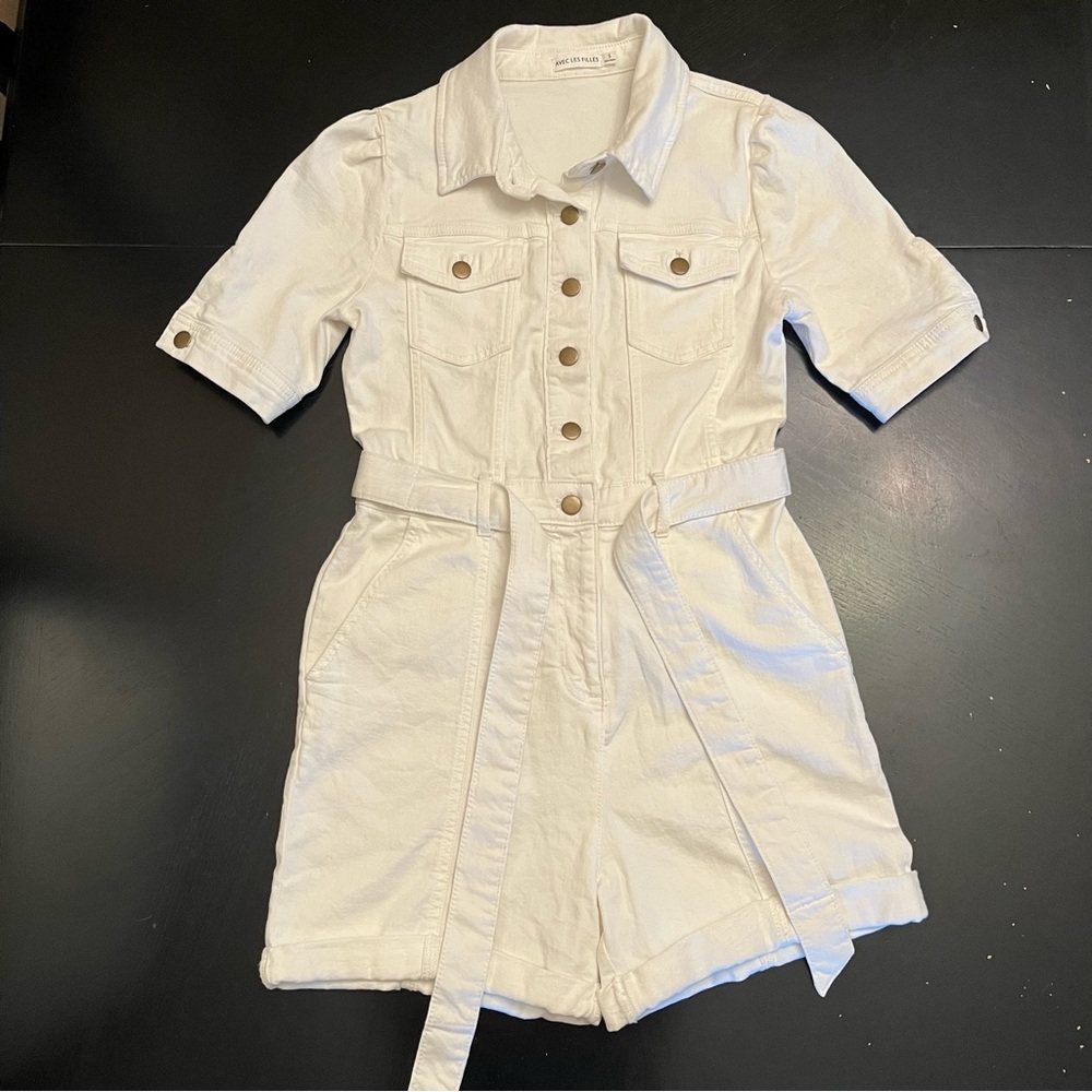 Anthropologie Denim Romper Shorts Playsuit Utility Belt S Avec Les Filles White
